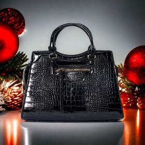 Ladies Sexy Black Faux Croc Double Top Handbag